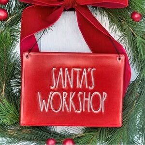 Rae Dunn Santa’s Workshop Red Ceramic Holiday Sign Christmas Decor NEW UNUSED